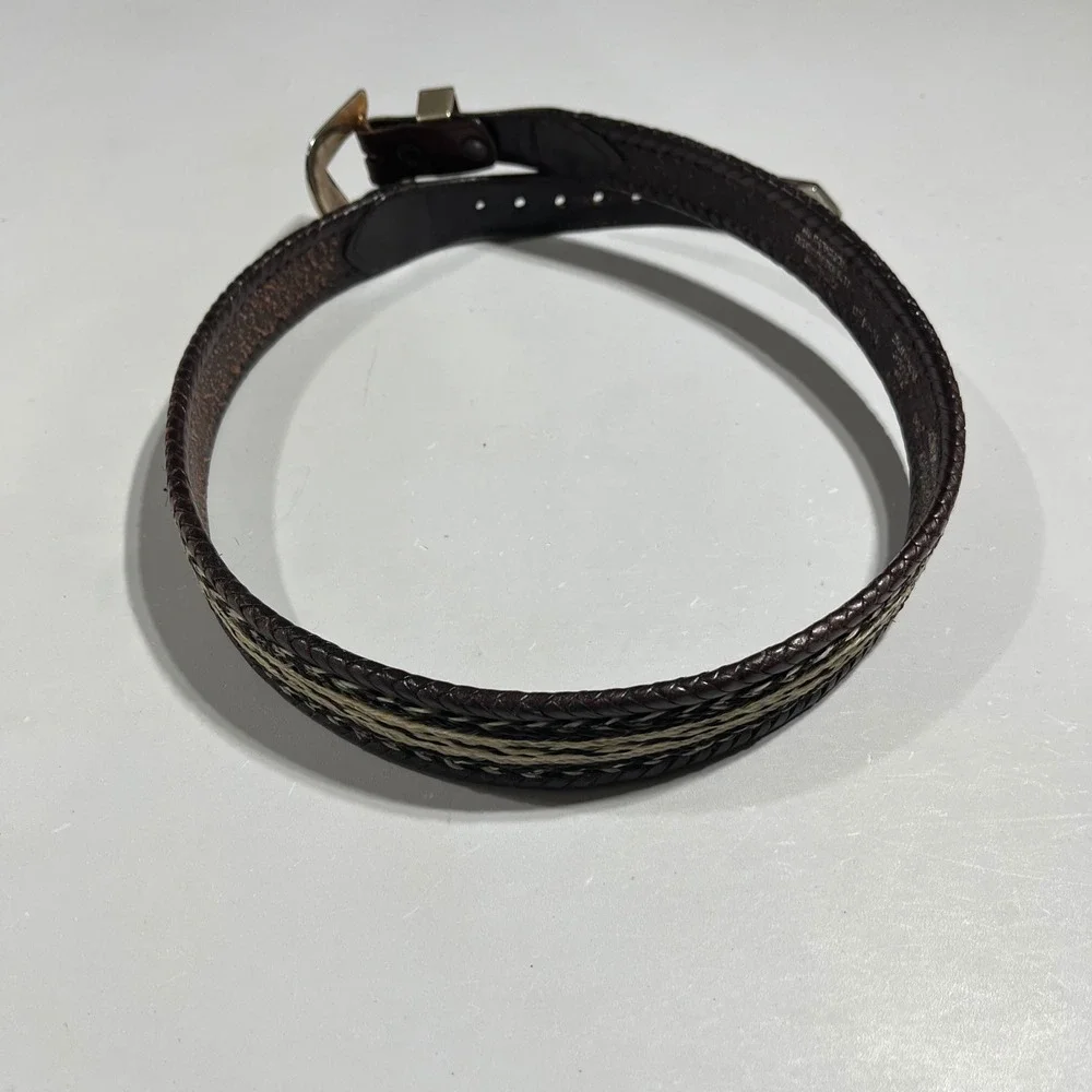 VTG Western Horsehair Inlay Leather Belt Brown Silver Engraved Buckle Mens 34